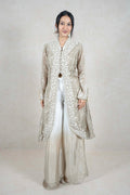 Raysham Fashion beige silk-blend long jacket with white floral embroidery and mirror work paired with wide-leg trousers