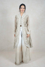 Raysham Fashion beige silk-blend long jacket with white floral embroidery and mirror work paired with wide-leg trousers