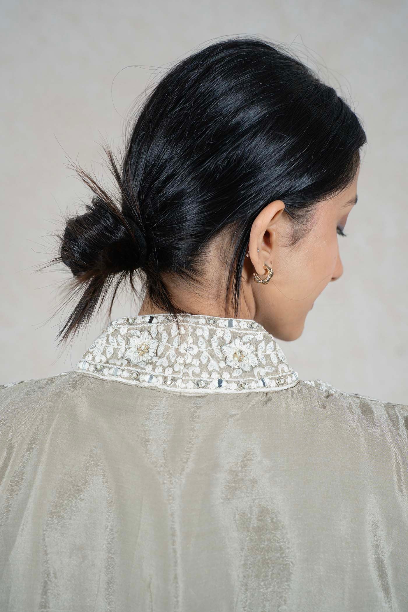 Raysham Fashion beige silk-blend jacket with intricate white floral embroidery and mirror work on the collar