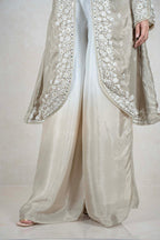 Raysham Fashion beige silk-blend long jacket with white floral embroidery and mirror work paired with wide-leg trousers