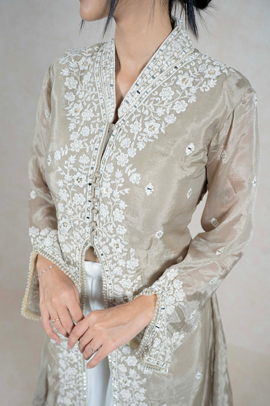 Raysham Fashion beige silk-blend long jacket with white floral embroidery and mirror work details on the placket