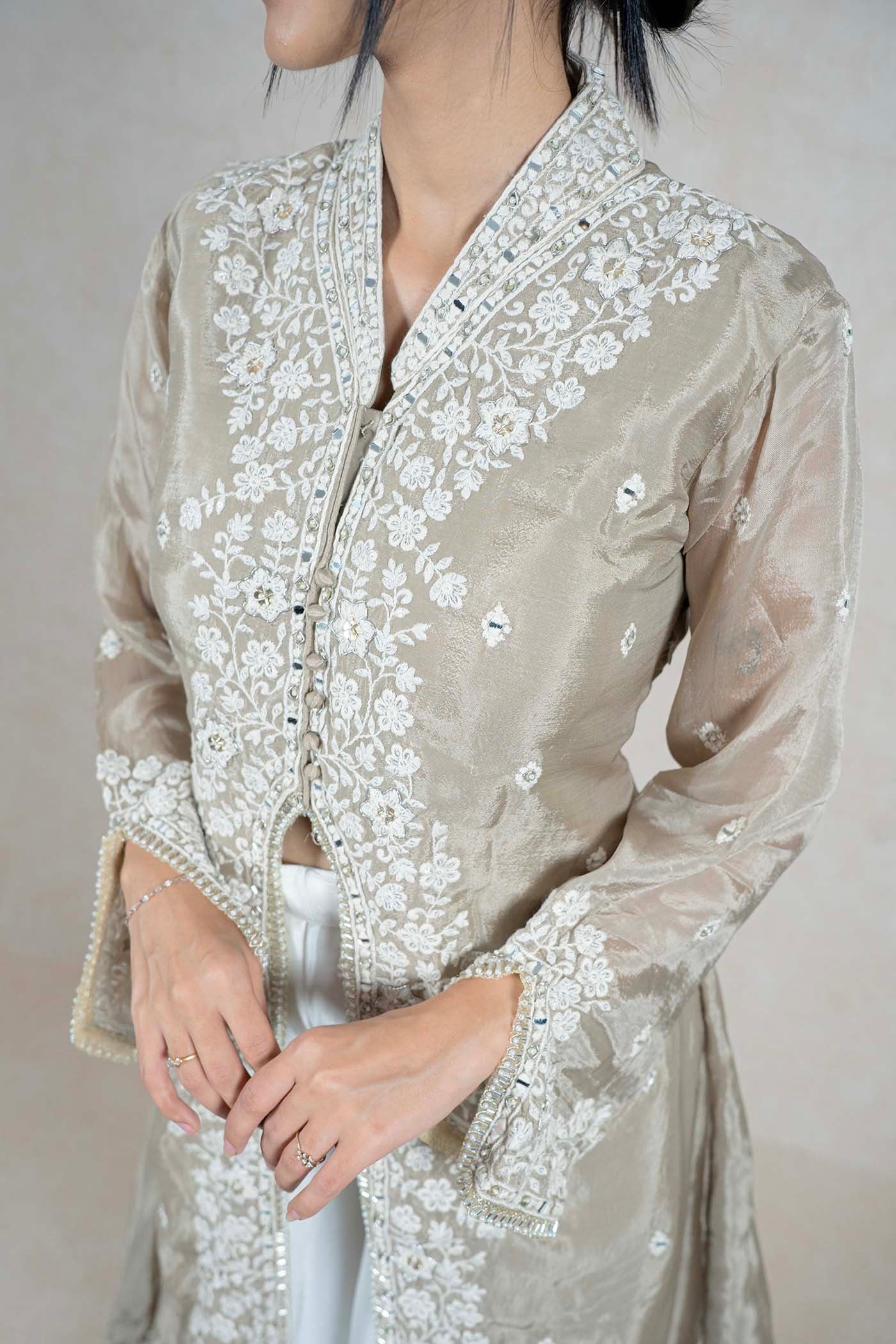 Raysham Fashion beige silk-blend long jacket with white floral embroidery and mirror work details on the placket