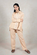 Raysham Fashion beige linen-blend co-ord set with long sleeve button-down shirt featuring white lace trim and trousers.