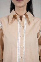 Raysham Fashion beige linen-blend shirt with white lace trim and pearl buttons on a model
