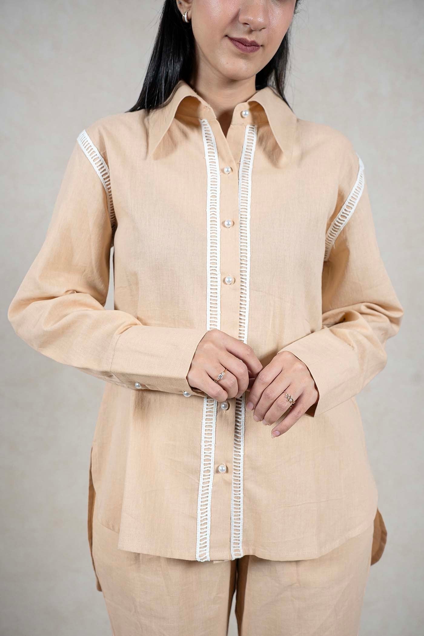Raysham Fashion beige linen-blend long sleeve shirt with white lace trim and pearl buttons on a woman