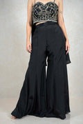 Raysham Fashion black co-ord set with embroidered sweetheart crop top and high-waisted wide-leg trousers