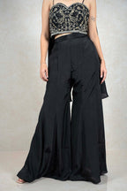 Raysham Fashion black co-ord set with embroidered sweetheart crop top and high-waisted wide-leg trousers
