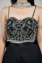 Raysham Fashion black sleeveless bustier crop top with intricate silver and gold embroidery and sweetheart neckline
