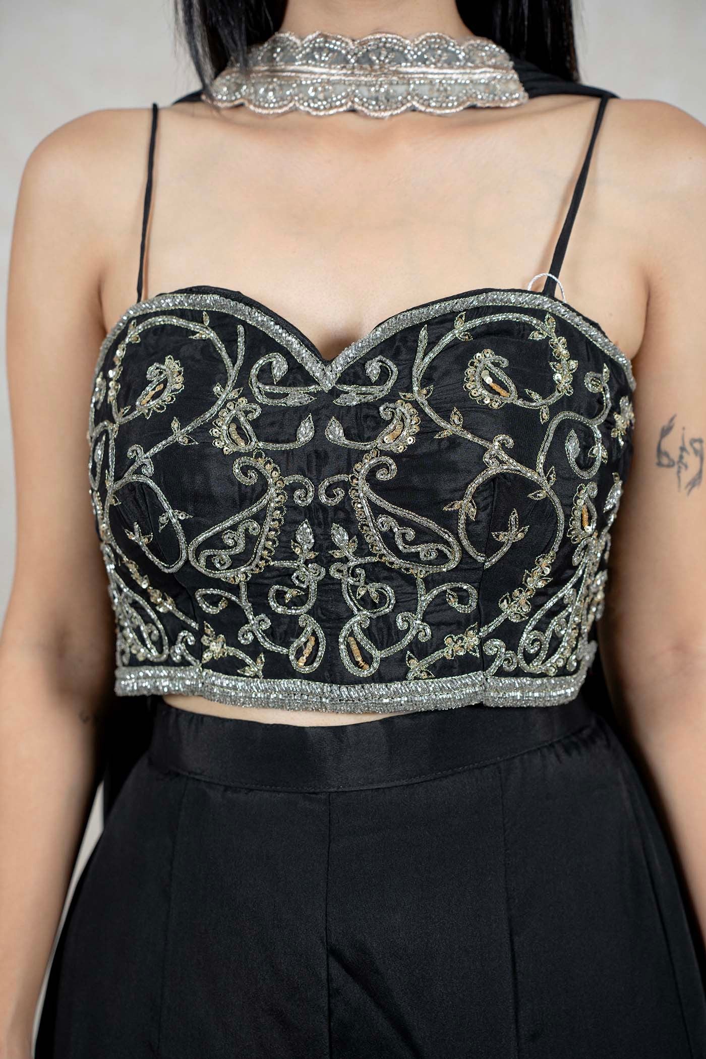 Raysham Fashion black sleeveless bustier crop top with intricate silver and gold embroidery and sweetheart neckline