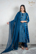 Raysham Fashion deep blue cotton kurta set with geometric patterns, tassel neckline, and sheer dupatta on a woman.