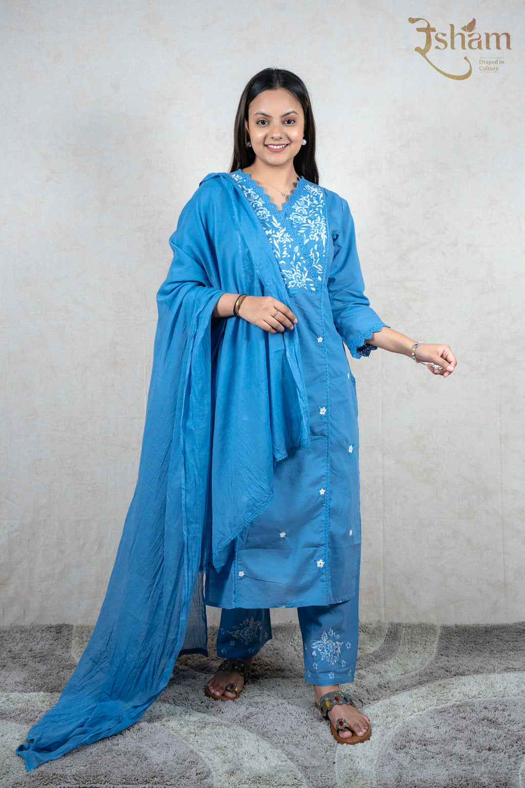 Raysham Fashion sky-blue cotton kurta set with white floral embroidery, lace trim, and matching dupatta on a model.