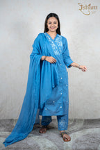 Raysham Fashion sky-blue cotton kurta set with white floral embroidery, lace trim, and matching dupatta on a model.
