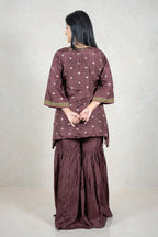 Raysham Fashion deep chocolate brown embroidered kurta and sharara set with geometric sleeve borders, back view