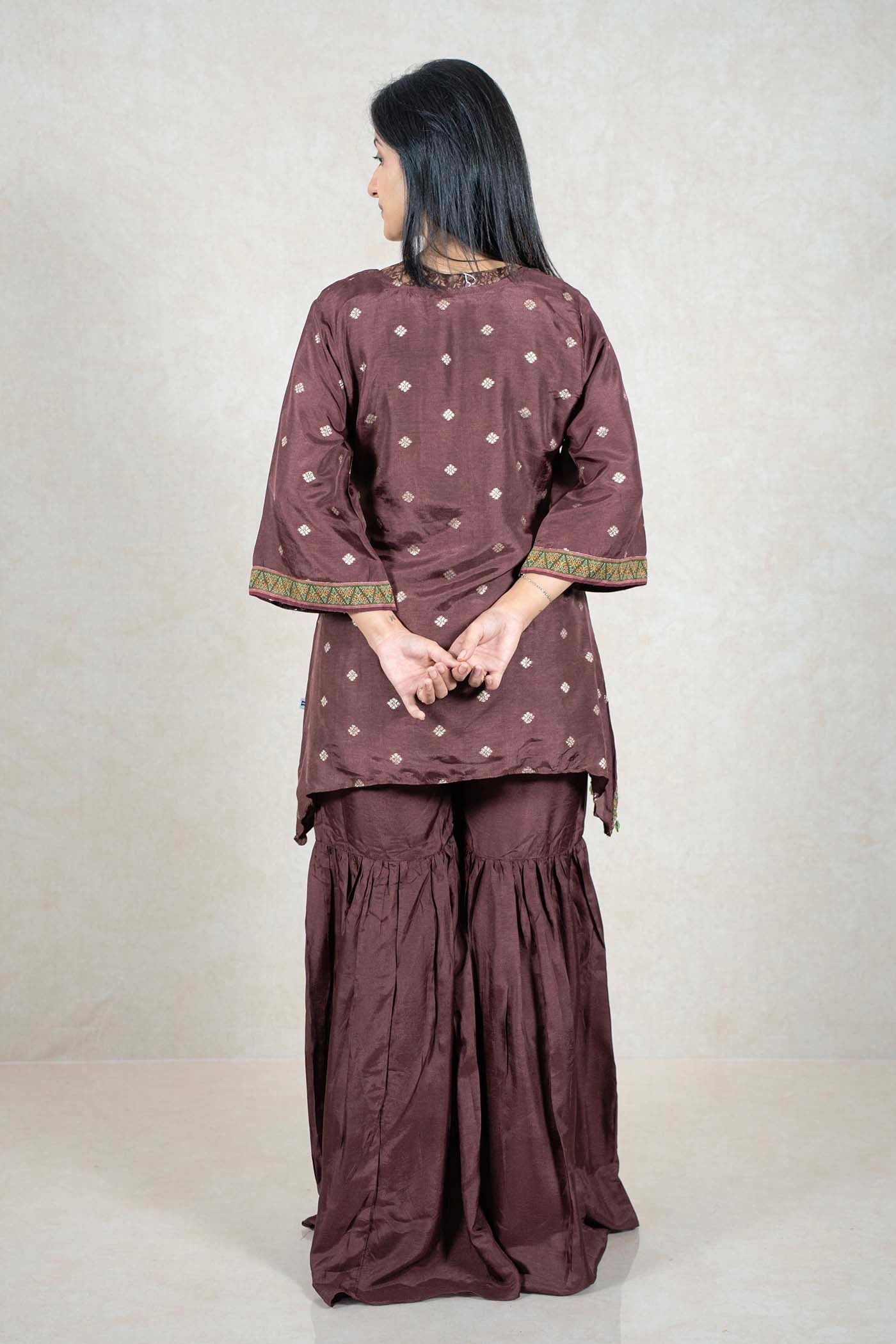 Raysham Fashion deep chocolate brown embroidered kurta and sharara set with geometric sleeve borders, back view