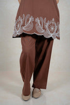 Raysham Fashion chocolate brown sleeveless tunic with white floral embroidery and matching wide-leg trousers