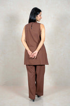 Raysham Fashion chocolate brown sleeveless tunic and wide-leg trouser co-ord set viewed from the back