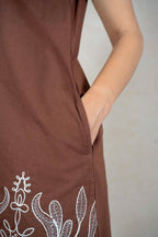 Raysham Fashion chocolate brown sleeveless tunic with white floral embroidery and a functional side pocket