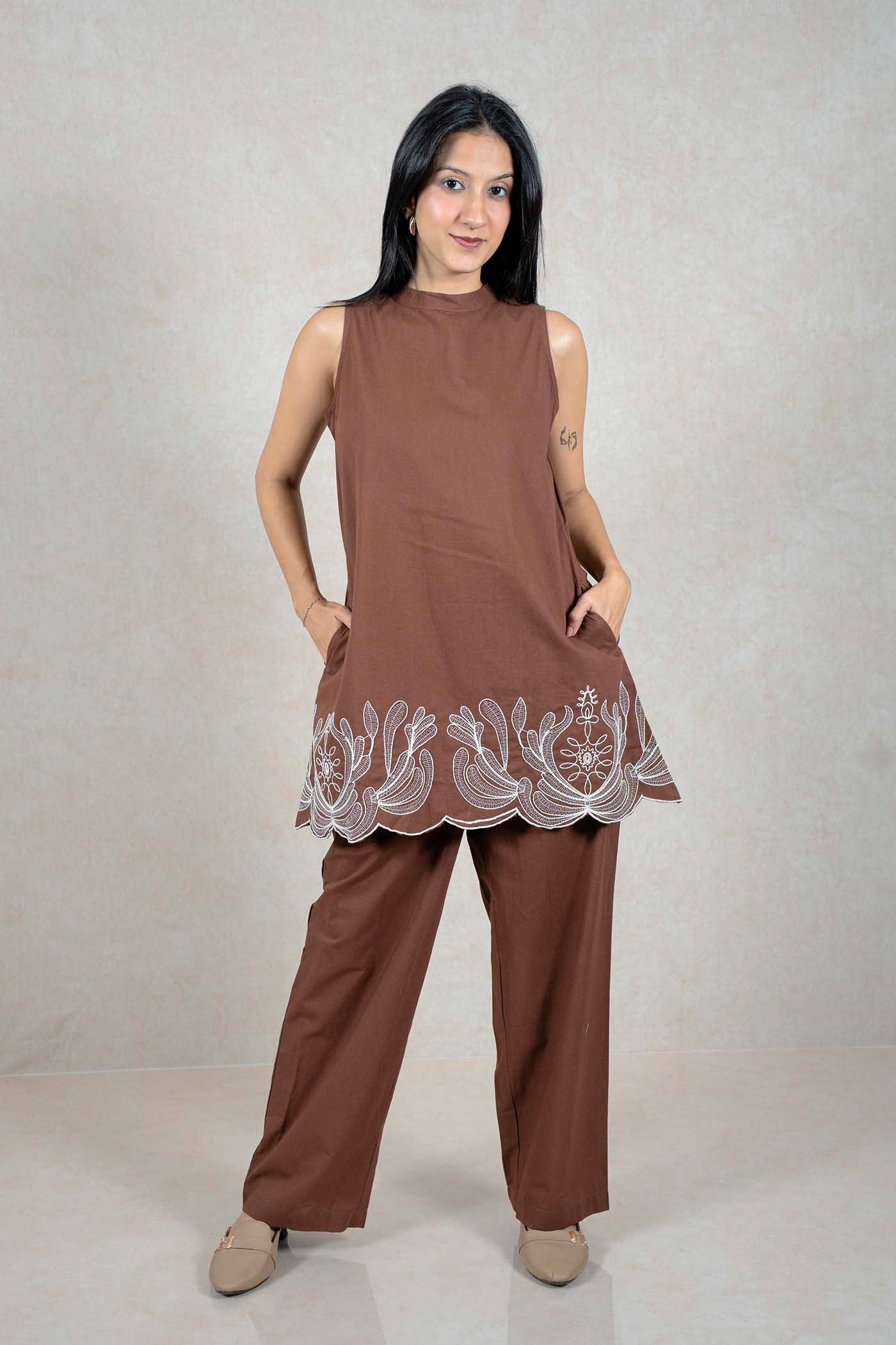 Raysham Fashion chocolate brown sleeveless tunic and wide-leg trouser set with white floral embroidery on the hem.