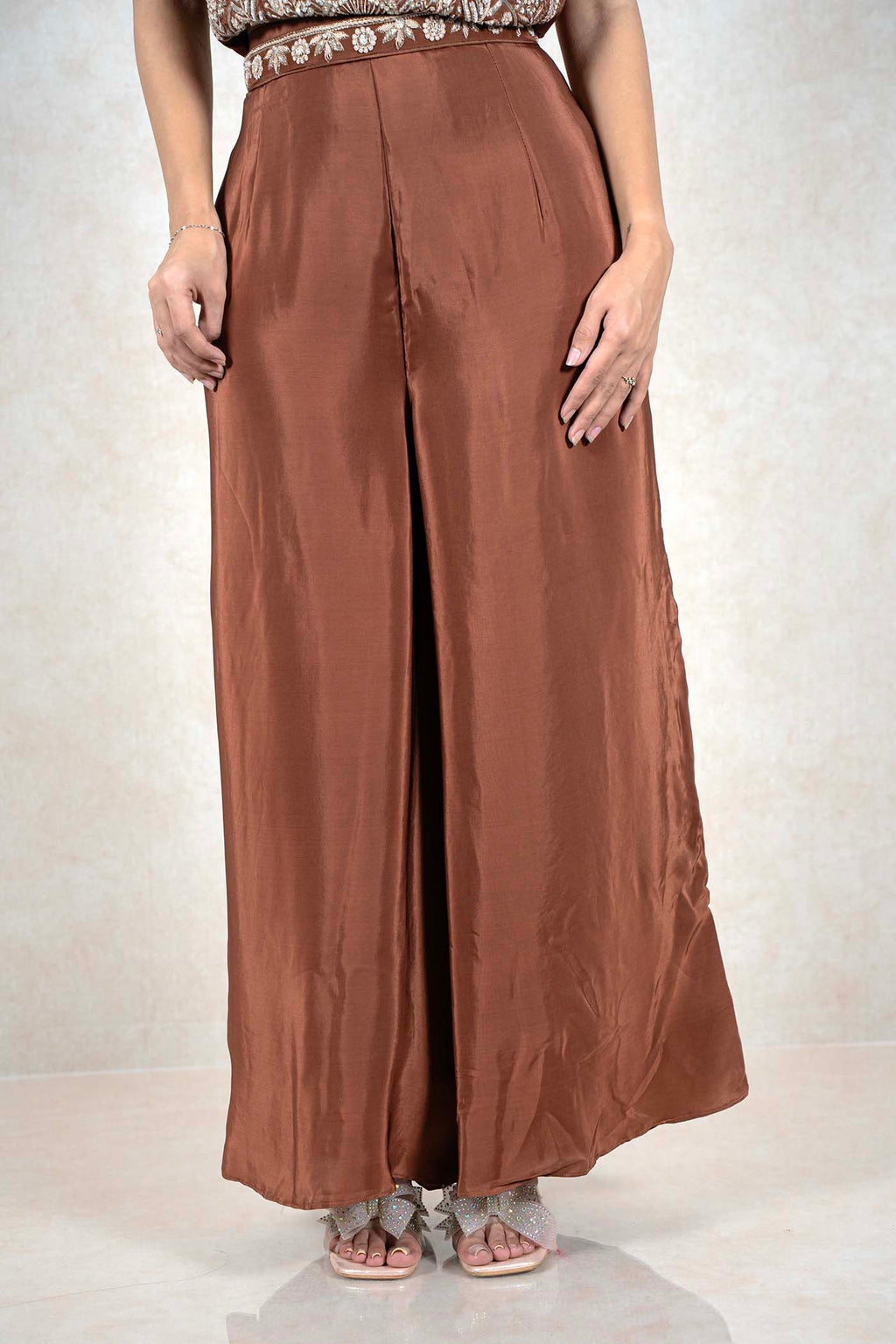 Raysham Fashion chocolate brown wide-leg trousers with an embellished waistband worn with matching sandals