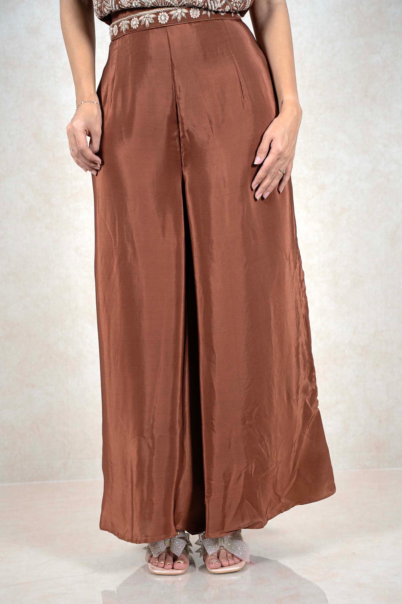 Raysham Fashion chocolate brown wide-leg trousers with an embellished waistband worn with matching sandals