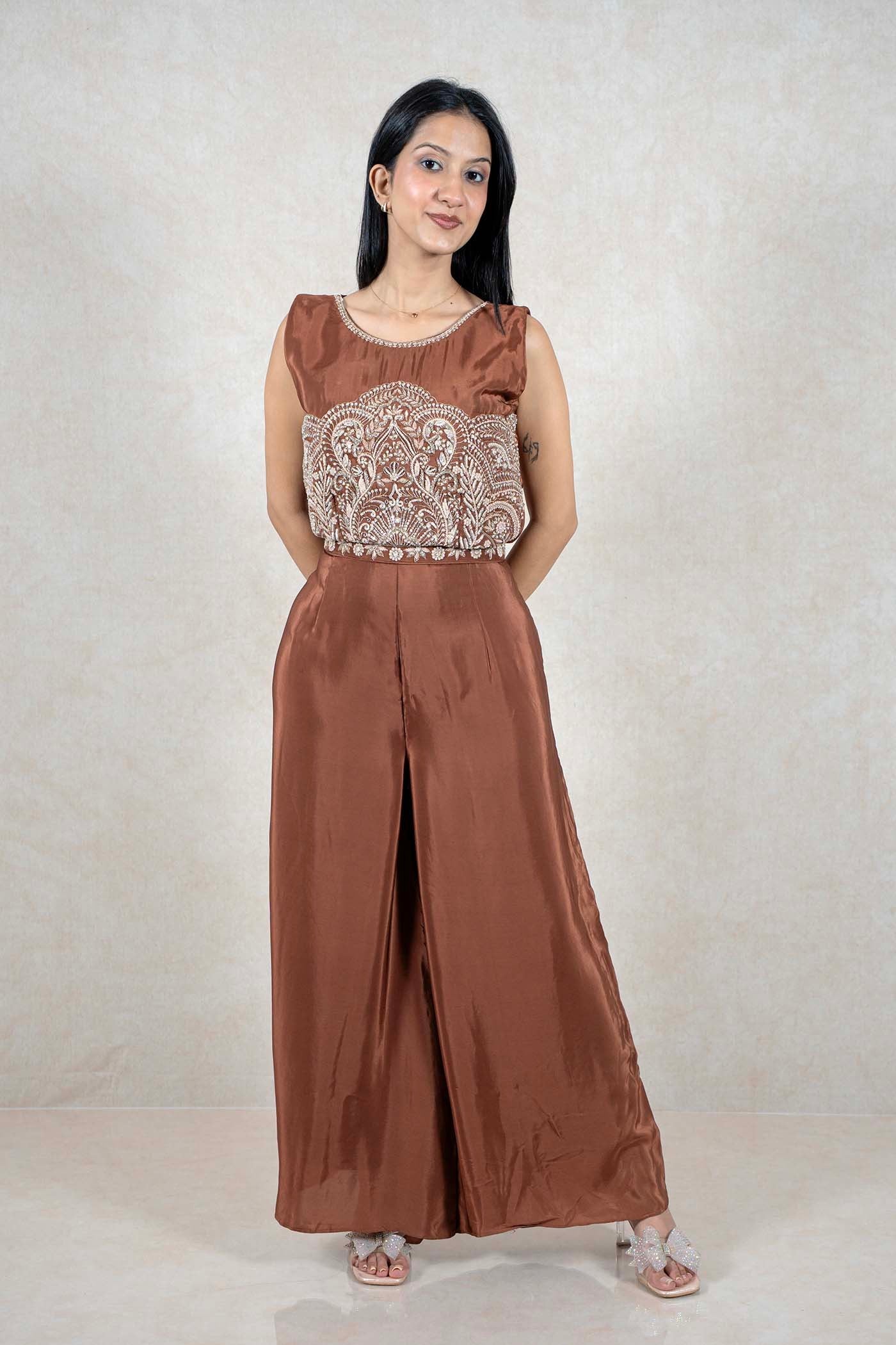 Raysham Fashion chocolate brown sleeveless co-ord set with intricate white embroidery on the bodice and wide-leg pants.
