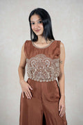 Raysham Fashion chocolate brown sleeveless co-ord set with intricate artisanal embroidery on the bodice