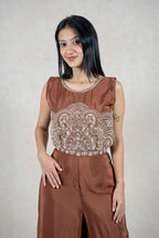 Raysham Fashion chocolate brown sleeveless co-ord set with intricate artisanal embroidery on the bodice