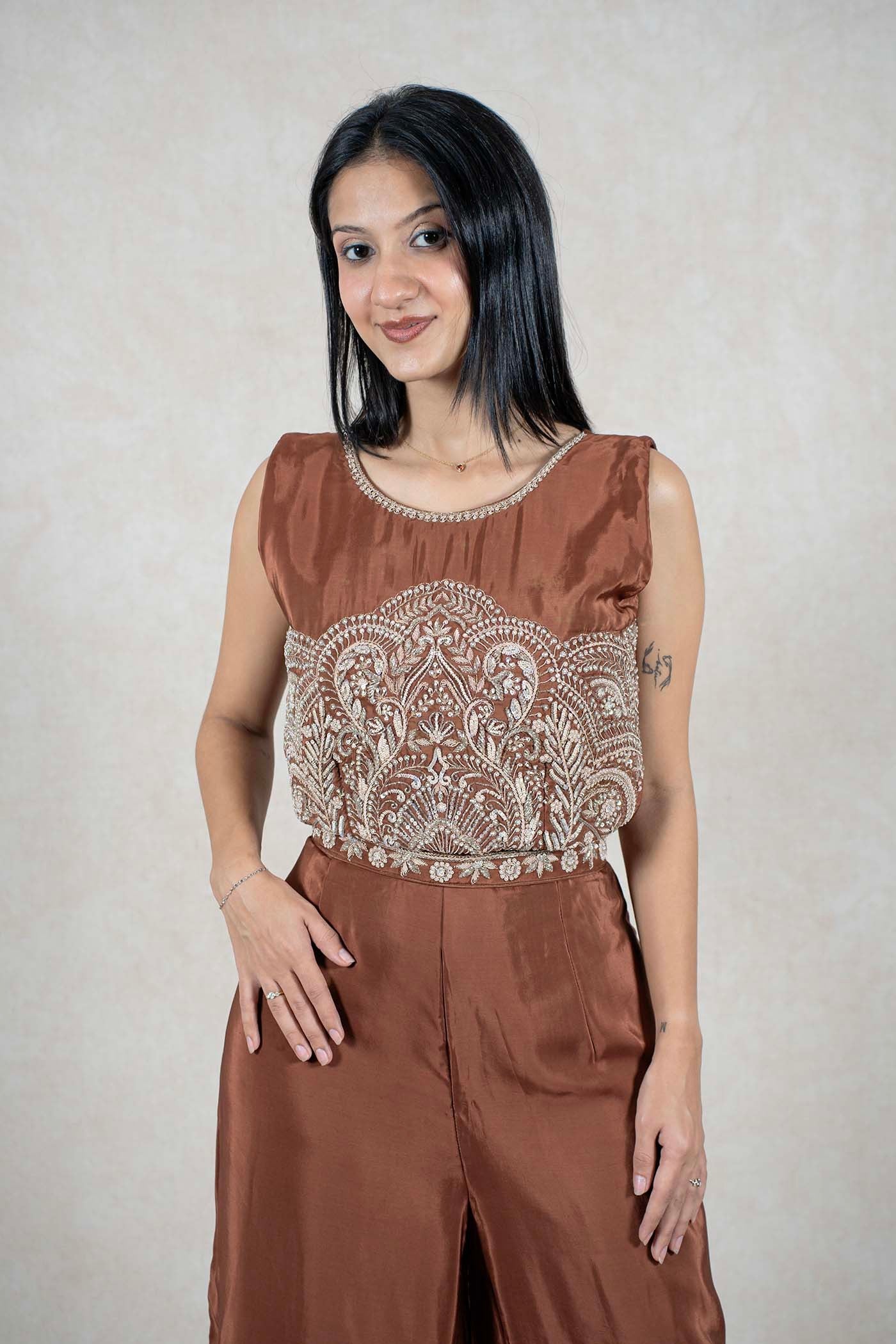 Raysham Fashion chocolate brown sleeveless co-ord set with intricate artisanal embroidery on the bodice