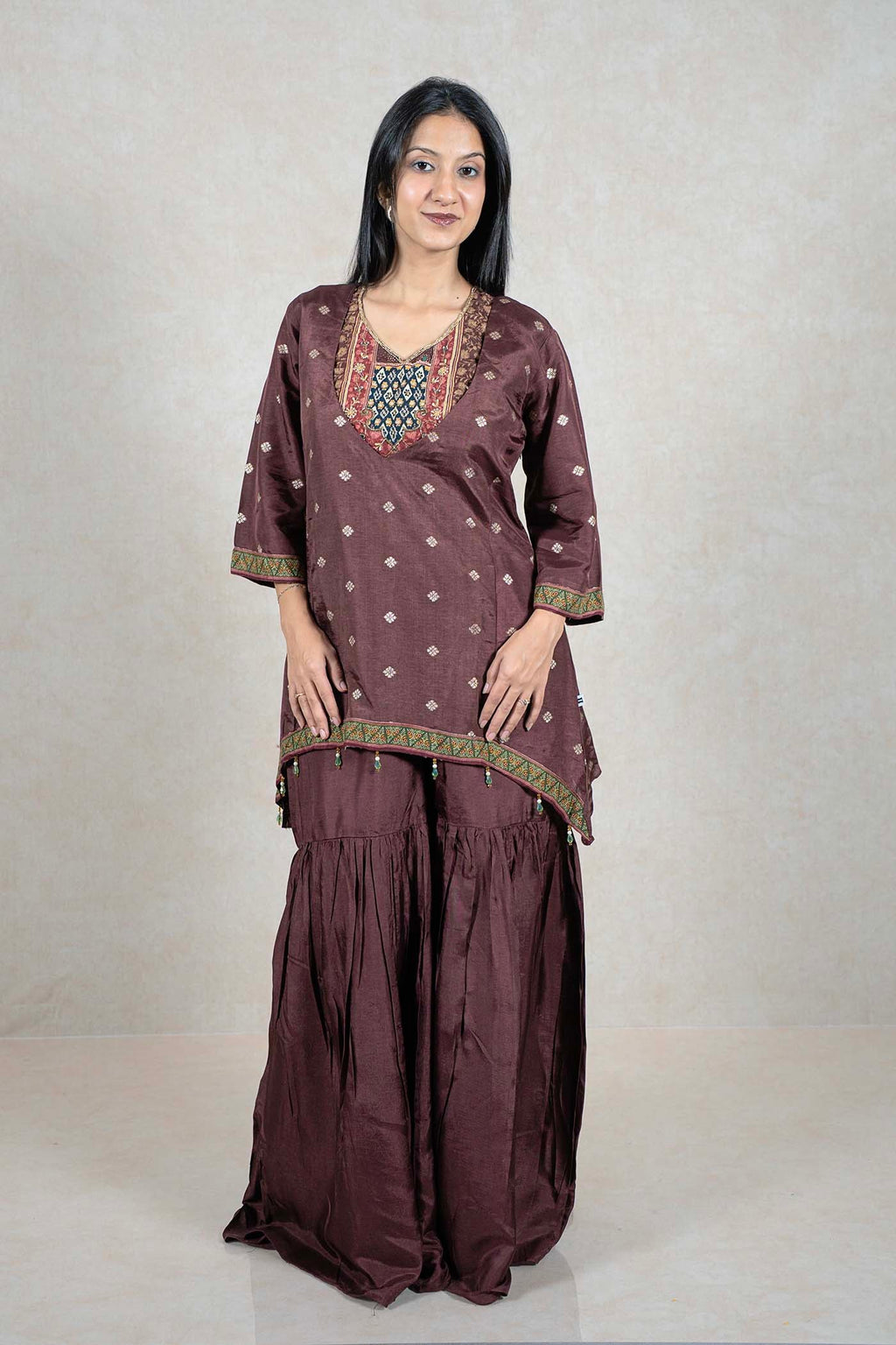 Raysham Fashion deep chocolate brown embroidered kurta and flowing sharara set with intricate multi-colored beadwork