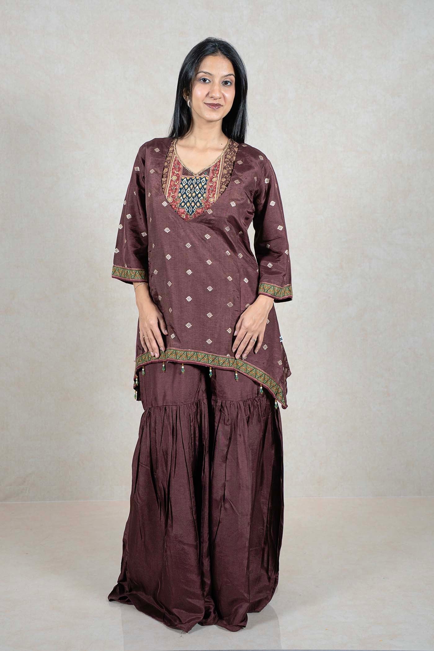 Raysham Fashion deep chocolate brown embroidered kurta and flowing sharara set with intricate multi-colored beadwork