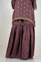 Raysham Fashion deep chocolate brown embroidered kurta and voluminous sharara set with geometric border detail