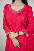 Raysham Fashion crimson red silk-blend kurta with intricate gold embroidery on the neckline and cuffs