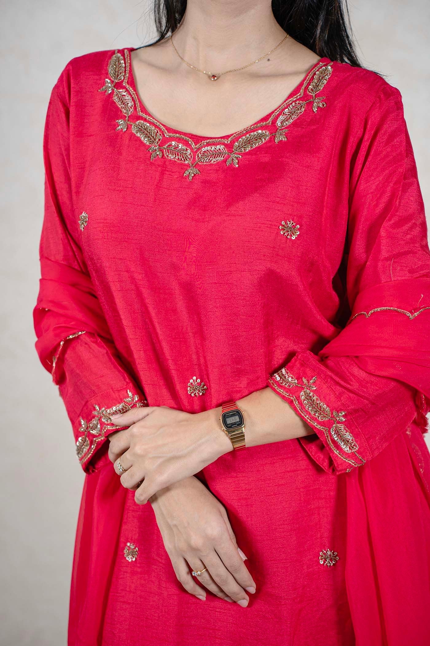 Raysham Fashion crimson red silk-blend kurta with intricate gold embroidery on the neckline and cuffs
