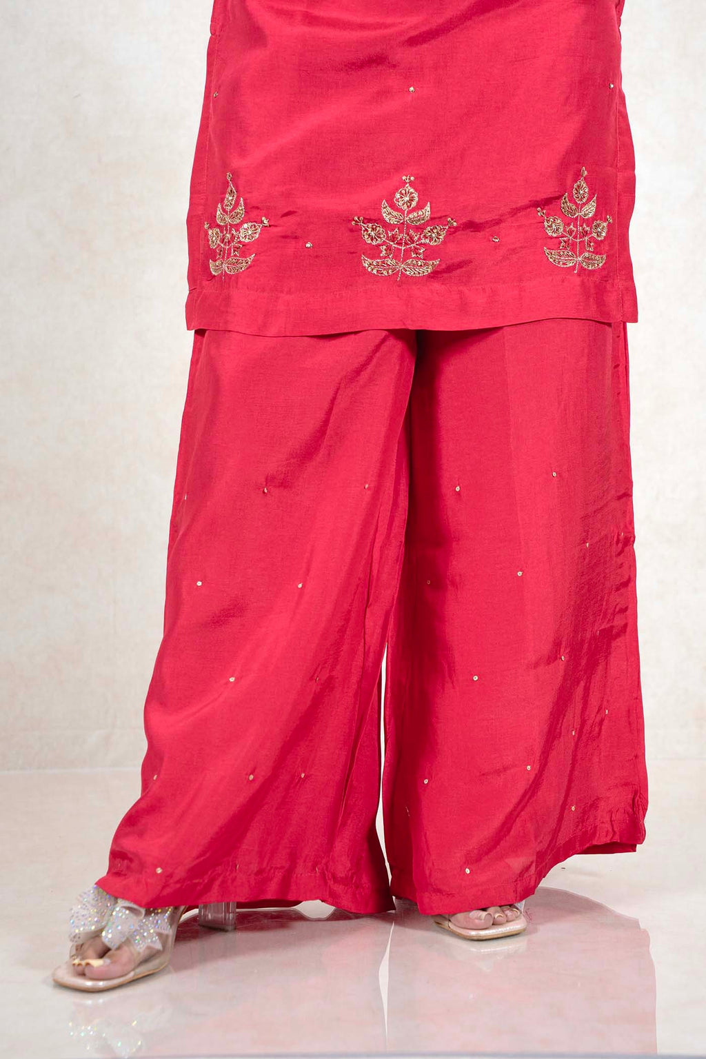 Raysham Fashion crimson red silk-blend kurta and wide-leg palazzo pants with gold embroidery and embellishments
