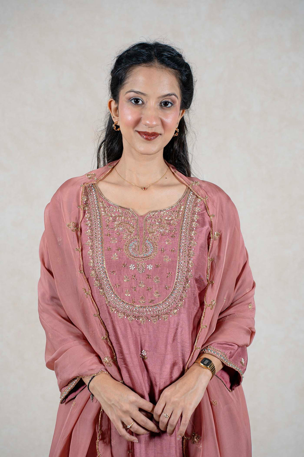 Raysham Fashion dusty rose silk-blend kurta set with intricate gold embroidery, sequins, and a matching sheer dupatta.