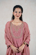 Raysham Fashion dusty rose silk-blend kurta set with intricate gold embroidery, sequins, and a matching sheer dupatta.