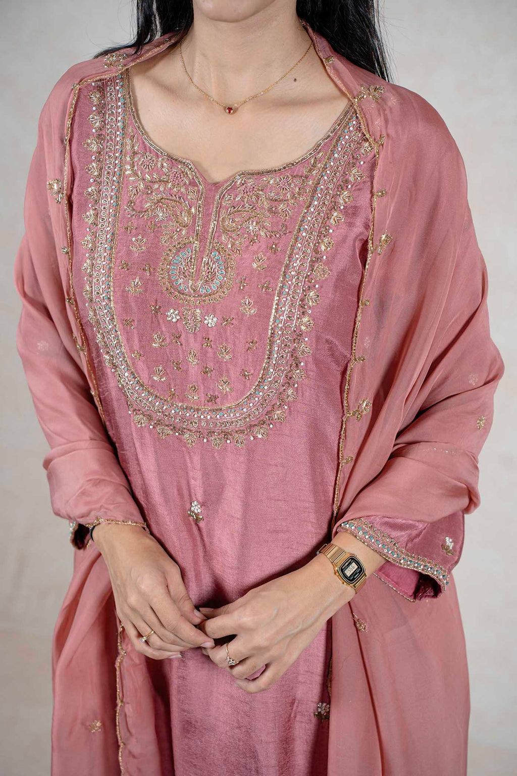 Raysham Fashion dusty rose silk-blend kurta set with intricate gold embroidery, sequins, and matching sheer dupatta.
