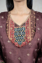 Raysham Fashion chocolate brown kurta featuring intricate floral embroidery and a vibrant multi-colored beaded neckline