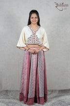 Raysham Fashion off-white embroidered crop top with flared sleeves and a red printed long skirt ethnic co-ord set