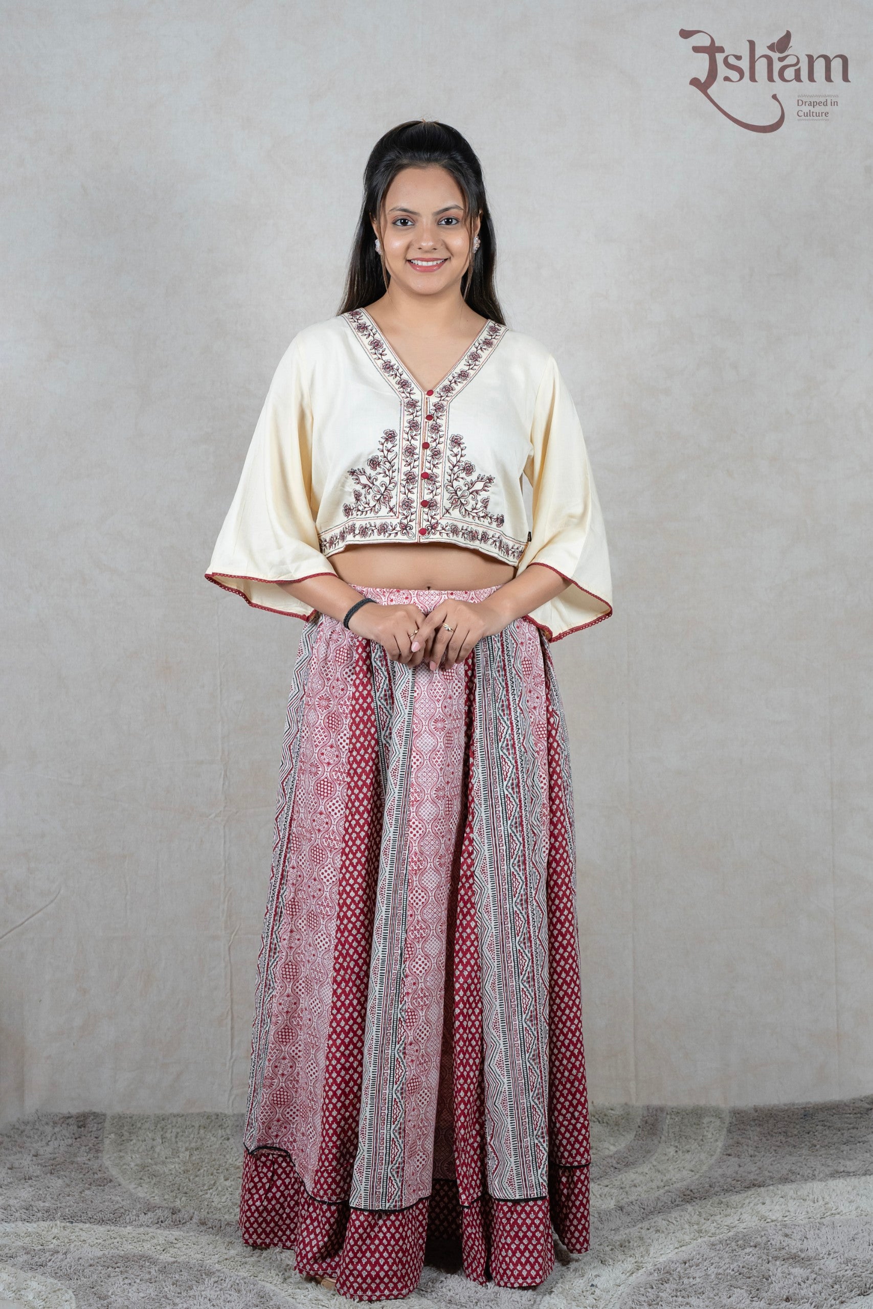 Raysham Fashion off-white embroidered crop top with flared sleeves and a red printed long skirt ethnic co-ord set