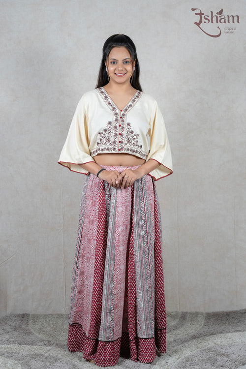 Raysham Fashion off-white embroidered crop top with flared sleeves and a red printed long skirt ethnic co-ord set