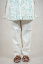 Raysham Fashion off-white cotton kurta and trouser set with mint green floral embroidery and scalloped lace trim
