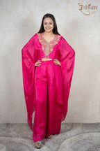 Raysham Fashion fuchsia pink kaftan co-ord set with embroidered crop top, wide-leg trousers, and sheer cape overlay.