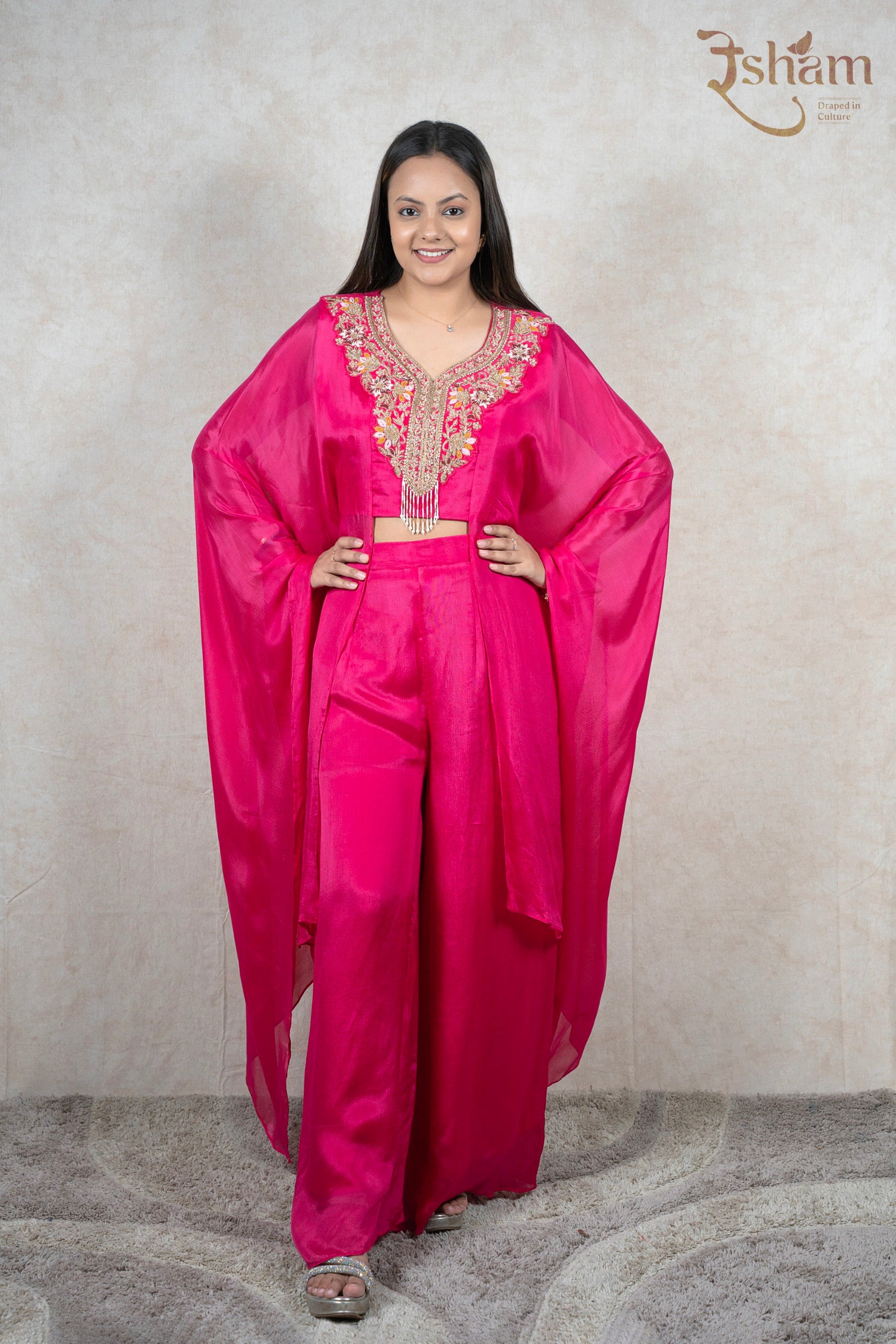 Raysham Fashion fuchsia pink kaftan co-ord set with embroidered crop top, wide-leg trousers, and sheer cape overlay.