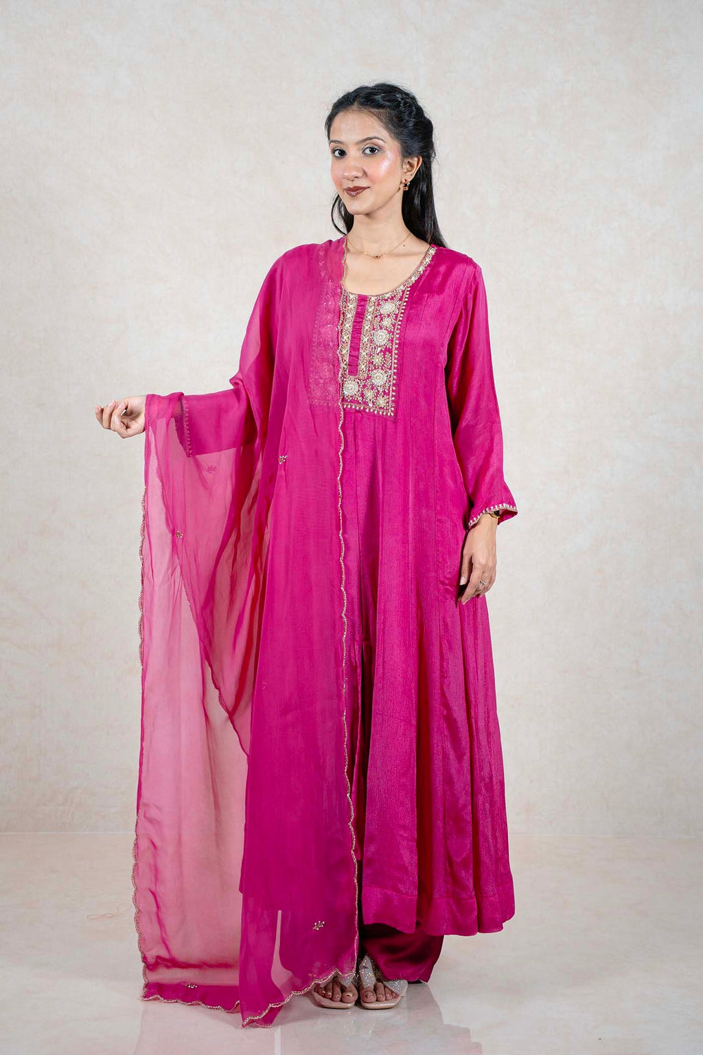 Raysham Fashion fuchsia pink ethnic kurta set with intricate sequin embroidery on the neckline and sheer dupatta