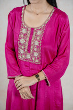 Raysham Fashion fuchsia pink kurta featuring intricate floral embroidery with sequins and beads on the neckline