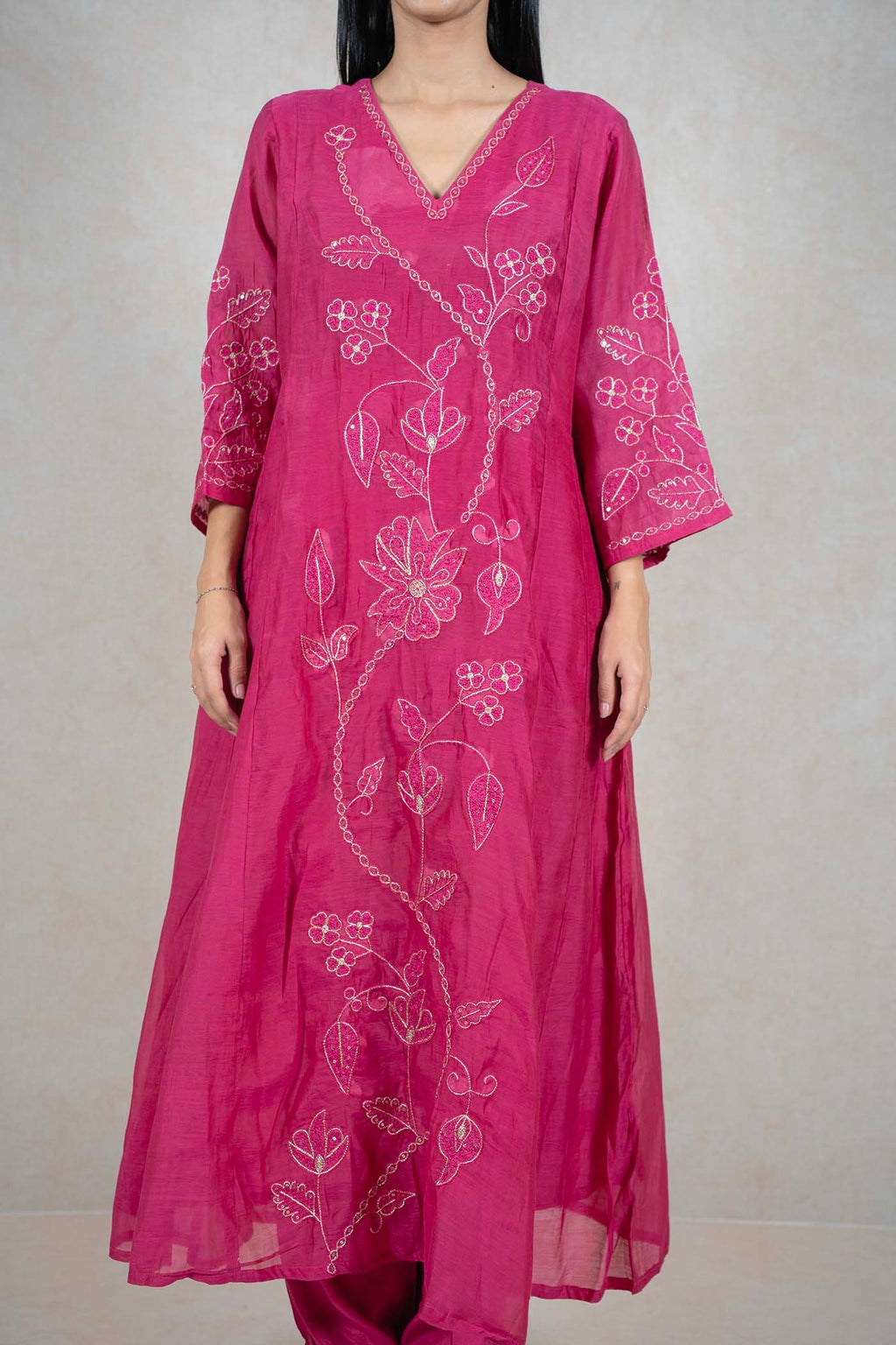 Raysham Fashion fuchsia pink silk-blend kurta with white floral embroidery, sequin details, and a flattering V-neckline.