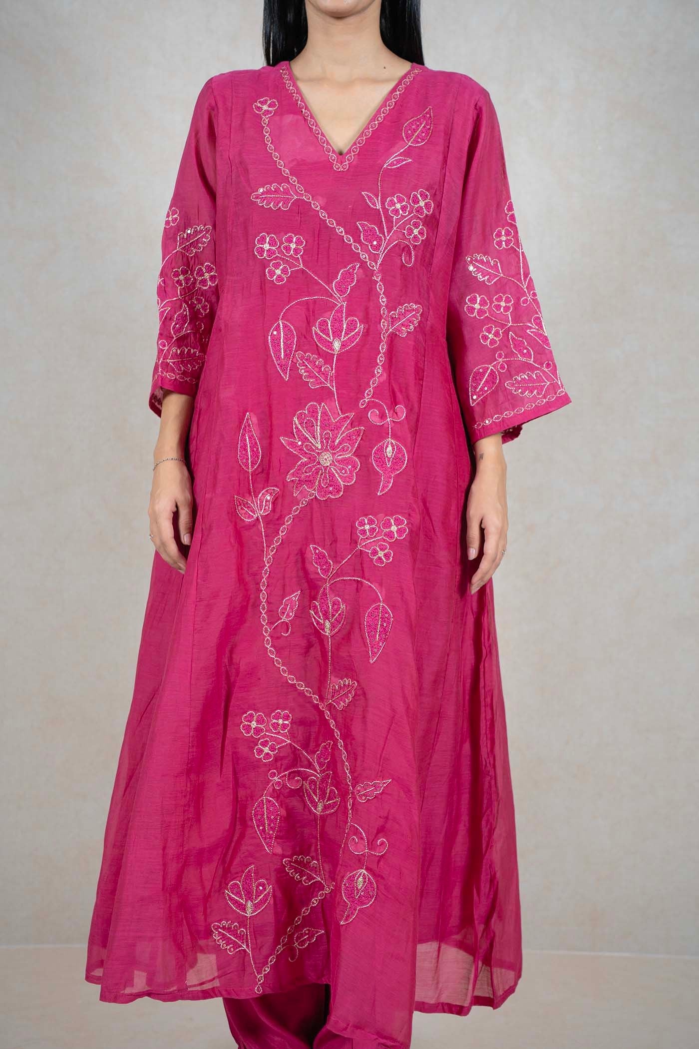 Raysham Fashion fuchsia pink silk-blend kurta with white floral embroidery, sequin details, and a flattering V-neckline.