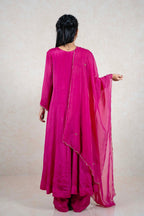 Raysham Fashion fuchsia pink ethnic kurta set with sheer dupatta, featuring elegant drape and back view of the outfit.