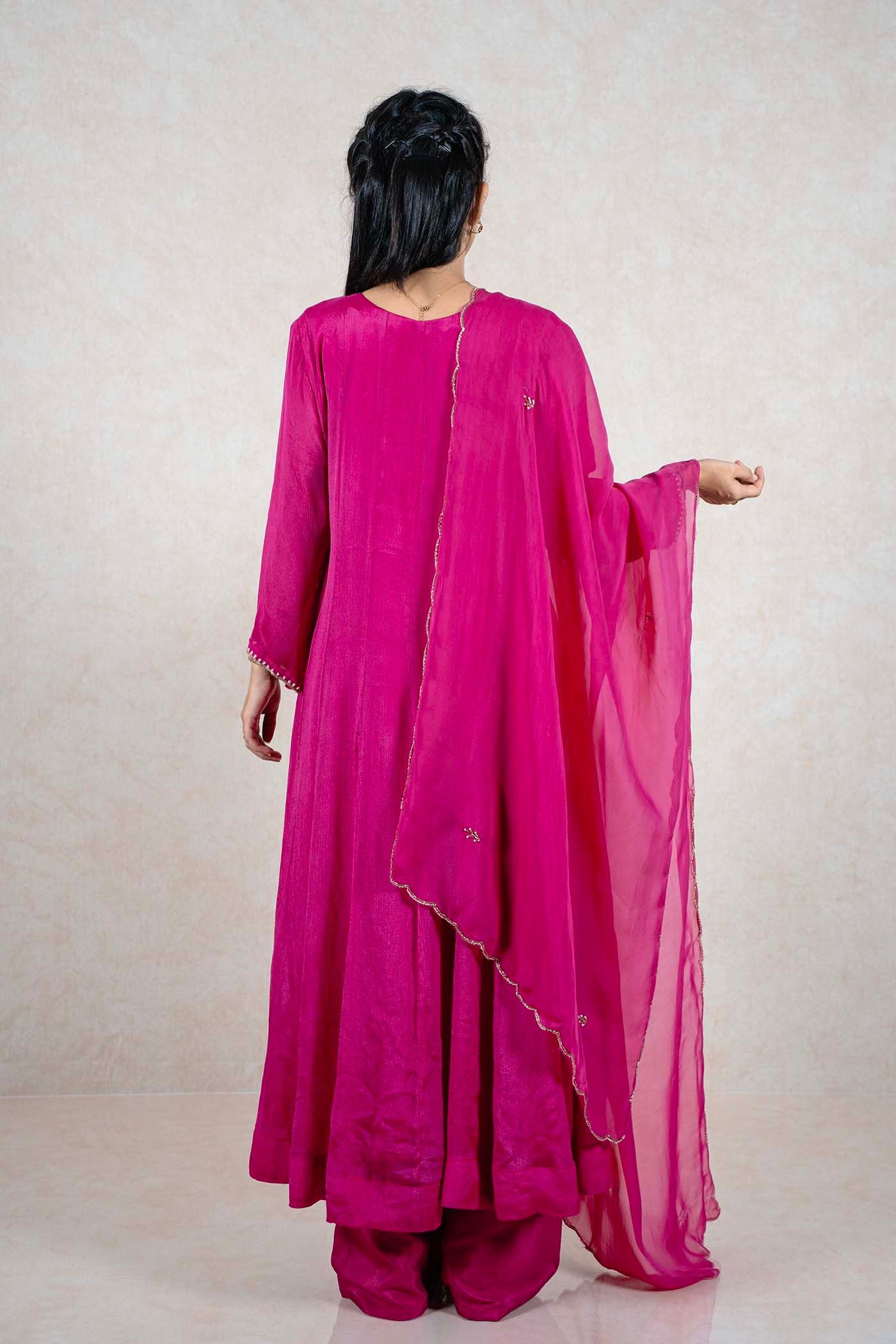 Raysham Fashion fuchsia pink ethnic kurta set with sheer dupatta, featuring elegant drape and back view of the outfit.